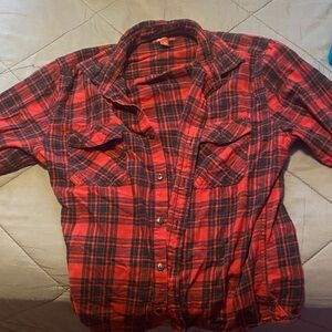 Arizona Jean Company Red and Black Plaid Button Down Shirt
